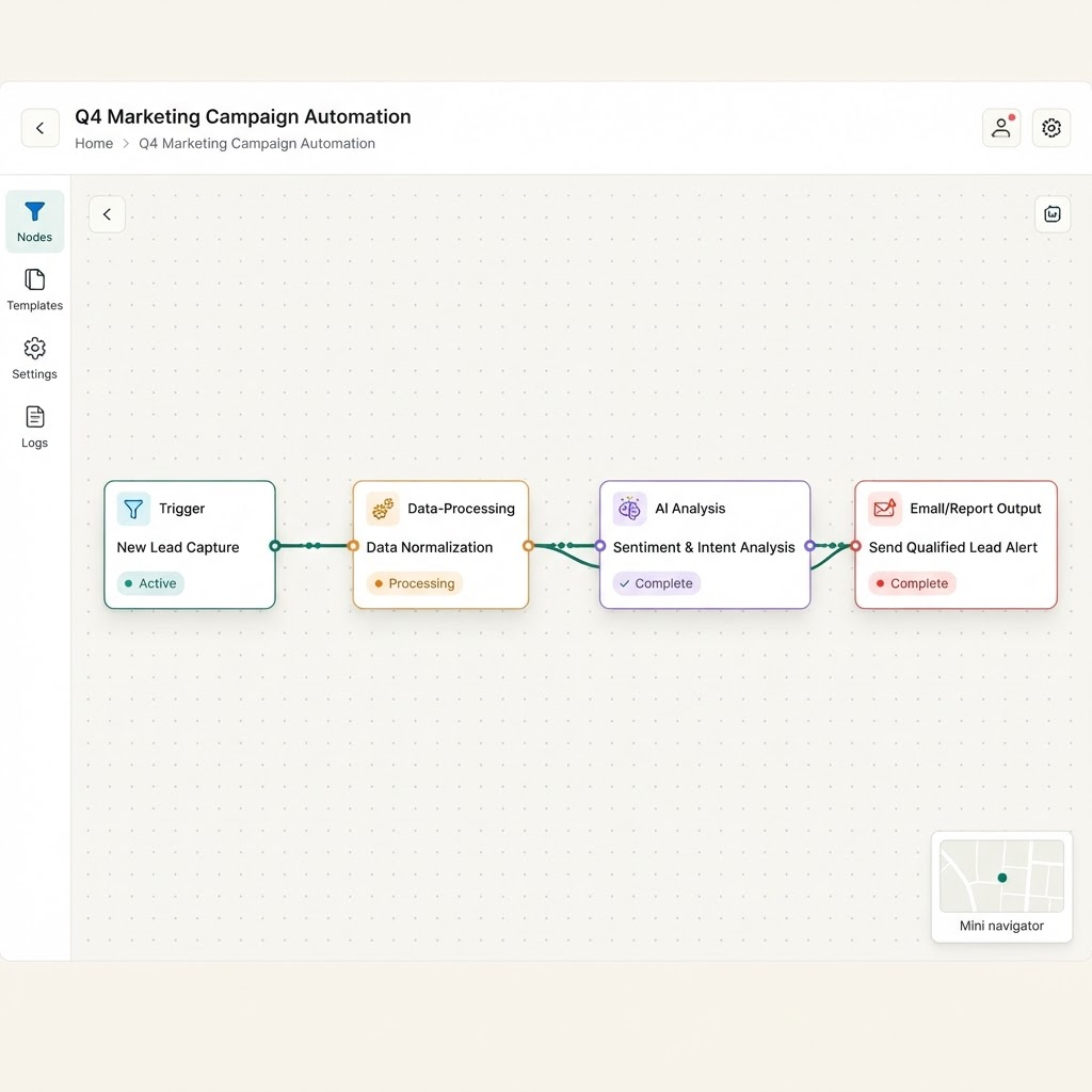 An automation workflow canvas showing a trigger connected to data processing, AI analysis, and an email report output